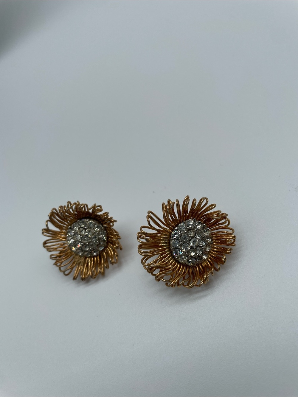 Golden Sunflower Floral Crystal Cluster Clip On Earrings Vintage